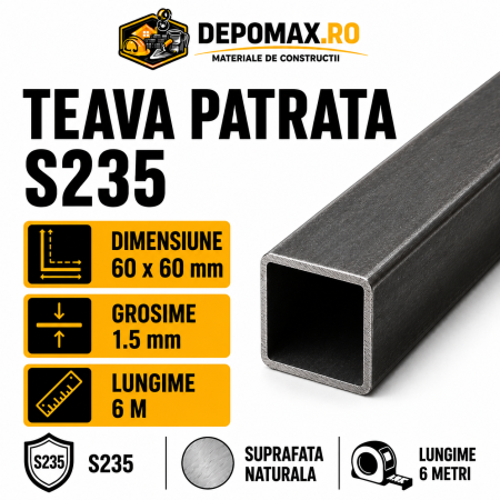 Teava patrata 60 x 60 x 1.5 mm, 6 metri